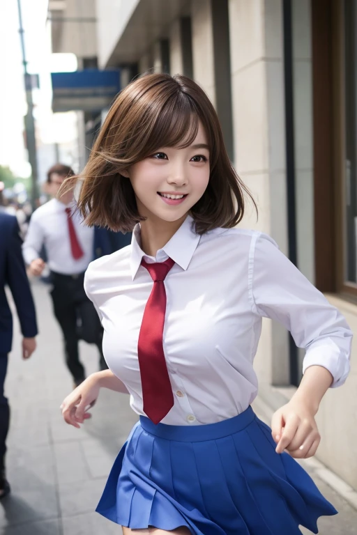 Highest quality、Ultra-detailed、masterpiece、Realistic、Photo realistic、One Girl、(cute17歳の少女、Small Head)、(cute:1.2)、Big smile、(Brown Hair、Short Bob Hair)、目は茶色inす、perfect glossy skin、((Slender))、((Perfect body))、Model pose、Accurate depiction、Perfect Face、in 、White shirt、Blue Skirt、Red tie、Big ample breasts、pants、Running towards us、Coming to school、Bright lighting、Blur the background