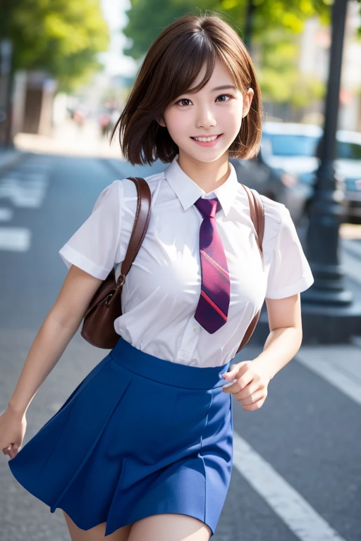 Highest quality、Ultra-detailed、masterpiece、Realistic、Photo realistic、One Girl、(cute17歳の少女、Small Head)、(cute:1.2)、Big smile、(Brown Hair、Short Bob Hair)、目は茶色inす、perfect glossy skin、((Slender))、((Perfect body))、Model pose、Accurate depiction、Perfect Face、in 、White shirt、Blue Skirt、Red tie、Big ample 、pants、Running towards us、Coming to school、Bright lighting、Blur the background