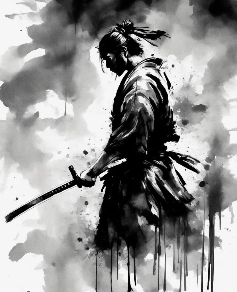 A samurai holding a sword is depicted in a black and white ink painting style.、Do not depict the background