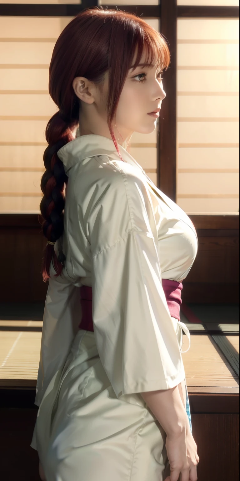 , (masterpiece), (best quality), (ultra-detailed), (extremely detailed cg), (a extremely delicate), (perfect lighting), (8k), (dynamic angle), (sharp image), vibrant colors, female, masterpiece, best quality, depth of field, cinematic lighting, masterpiece, best quality, ultra-detailed, colorful, vibrant, large breasts, thighs, mature female, solo, (masterpiece, best quality, high resolution, animescreencap, anime colored,), (perfect anatomy, beautiful detailed eyes, beautiful detailed body, beautiful breast, shiny skin), a sexy mature anime lady standing outside wearing japanese kimono, ((white kimono)) , japanese festival, night, moon, stars, looking at viewer, side bangs, red hair, ringed eyes, braided ponytail, side bangs, medium breasts, medium chest, outdoors ,