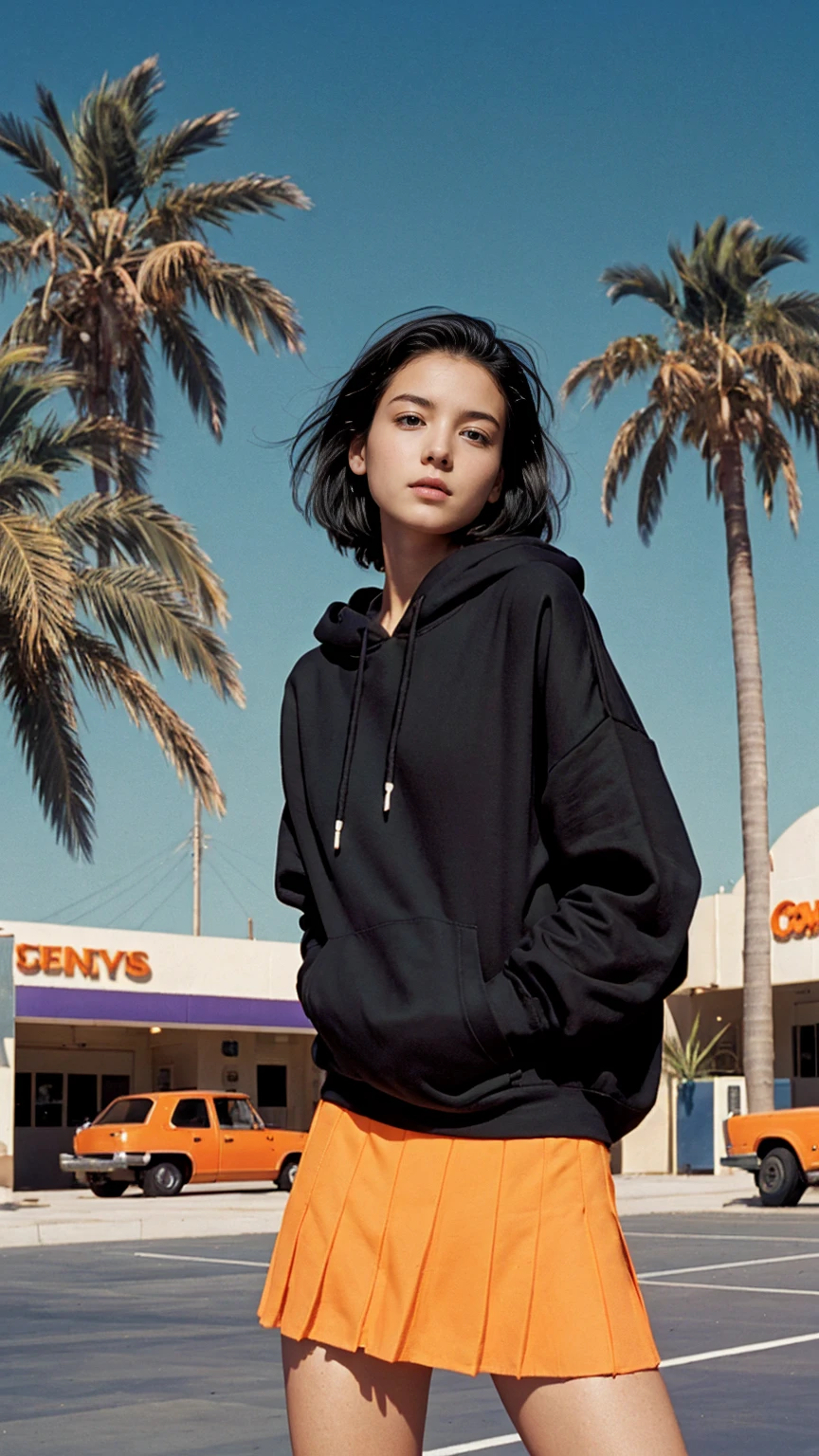long shot portrait of cute 23 yo girl ,wear ((orange color oversized hoodie)), wear ((purple tennis skirt)),looking viewer,Best Quality,Masterpiece,Ultra High Resolution,(Realisticity:1.4),Original Photo, 1Girl, light leak,ultra high resolution,UHD,beautiful, (black bob hair), almond eye, no makeup, in front of ((80's gas station)), (realistic:1.2), (very detailed:1.1), ((masterpiece)),summer, blue sky, palm trees,sunny, los angles vibes,film camera, 800mm lens,style of Philip Lorca diCorcia
