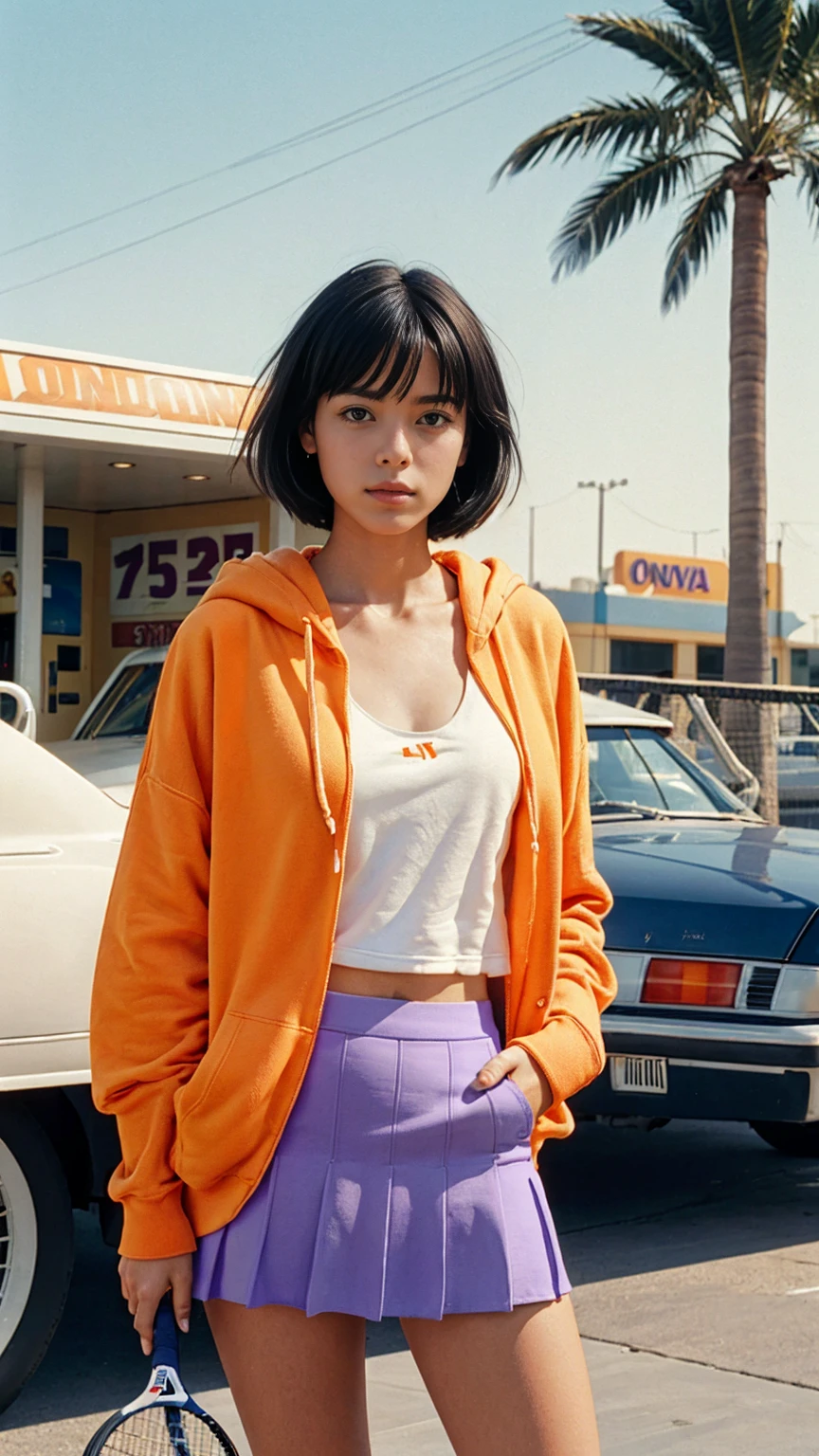 long shot portrait of cute 23 yo girl ,wear ((orange color oversized hoodie)), wear ((purple tennis skirt)),looking viewer,Best Quality,Masterpiece,Ultra High Resolution,(Realisticity:1.4),Original Photo, 1Girl, light leak,ultra high resolution,UHD,beautiful, (black bob hair), almond eye, no makeup, in front of ((80's gas station)), (realistic:1.2), (very detailed:1.1), ((masterpiece)),summer, blue sky, palm trees,sunny, los angles vibes,film camera, 800mm lens,style of Philip Lorca diCorcia