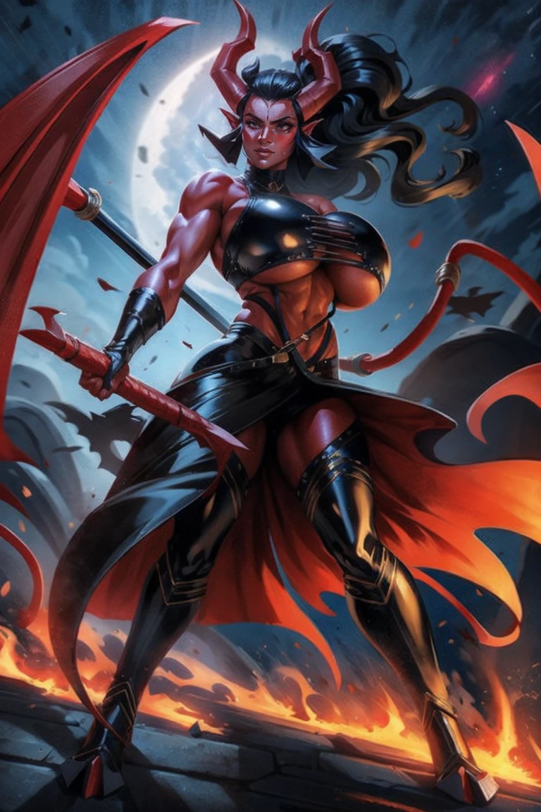 Red skin succubus tiefling, digitigrade legs, full breasts, large breasts, black horns, wings, huge tail, black leather, crop top, long flowing pelvic curtain, tall, toned, graceful, thin, long black ponytail. Action scene, whip. Dark scene, explosions, night sky.