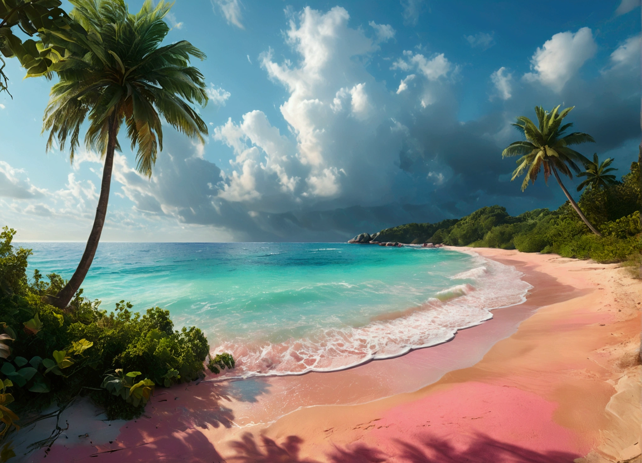 A beautiful beach landscape with a pink sand shore and a calm, green sea. The scene is devoid of people, capturing the serene and tranquil essence of the beach. The style is dreamy and aesthetic, rendered in an oil painting style with a focus on a high-quality, ultra-clear 8K resolution to bring out the vivid details and colors. The composition follows the golden ratio, with the beach occupying one-third of the image and the sea occupying two-thirds of the image, creating a harmonious and balanced visual