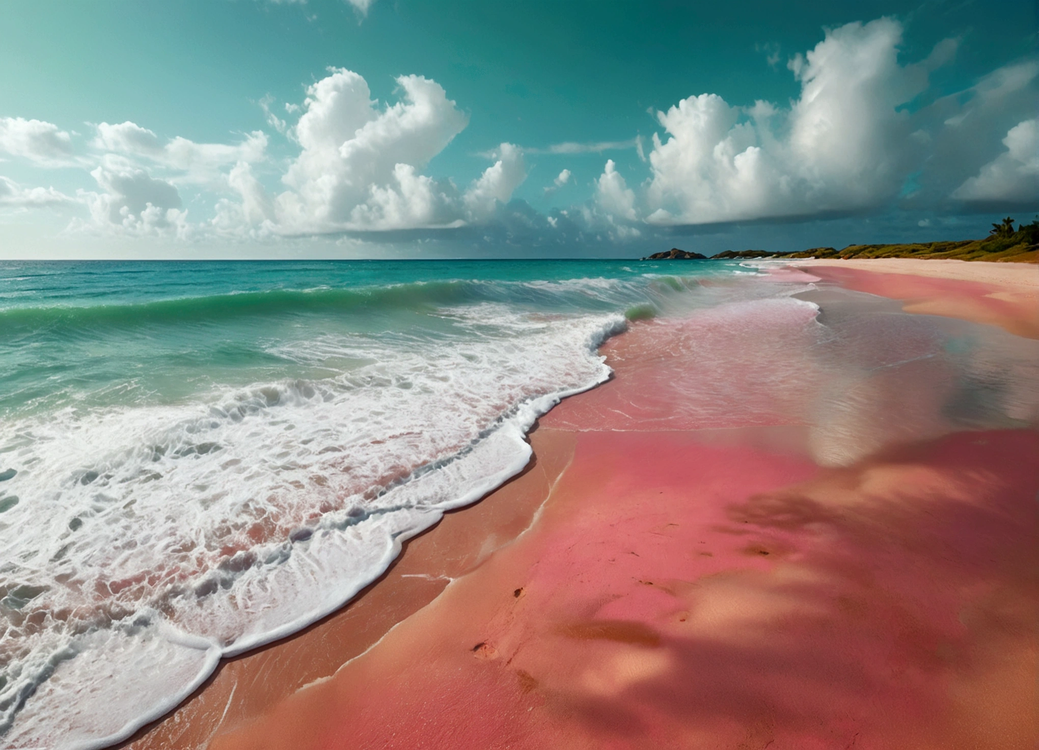A beautiful beach landscape with a pink sand shore and a calm, green sea. The scene is devoid of people, capturing the serene and tranquil essence of the beach. The style is dreamy and aesthetic, rendered in an oil painting style with a focus on a high-quality, ultra-clear 8K resolution to bring out the vivid details and colors. The composition follows the golden ratio, with the beach occupying one-third of the image and the sea occupying two-thirds of the image, creating a harmonious and balanced visual