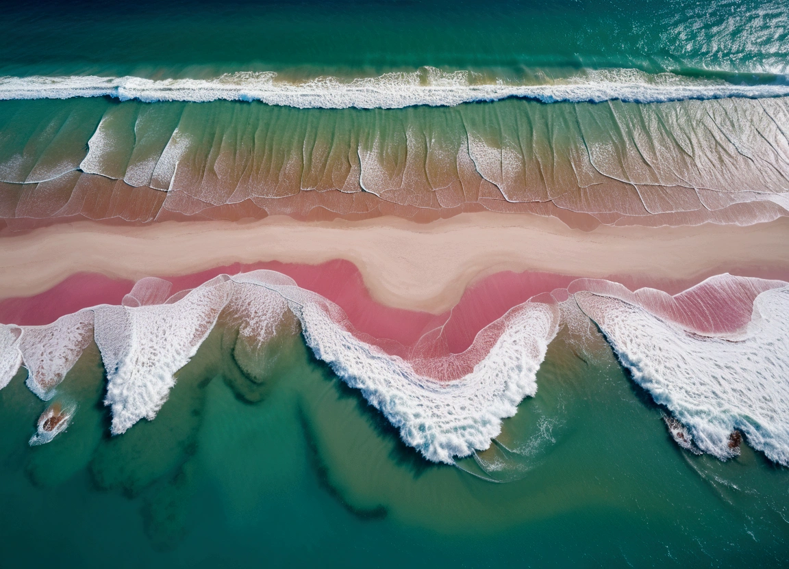 A beautiful beach landscape with a pink sand shore and a calm, green sea. The scene is devoid of people, capturing the serene and tranquil essence of the beach. The style is dreamy and aesthetic, rendered in an oil painting style with a focus on a high-quality, ultra-clear 8K resolution to bring out the vivid details and colors. The composition follows the golden ratio, with the beach occupying one-third of the image and the sea occupying two-thirds of the image, creating a harmonious and balanced visual