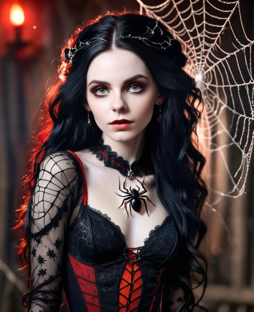 (Realistic:1.5), (((high resolution photo))), (((extremely detailed))), ((masterpiece)), (gorgeous gothic woman in black red spider's web), dramatic lighting, (cinematic light:1.1), full body, (cute sexy:0.8), (cute face:1.2), Pleasure, faded colours, depth of field, 35 mm, analog photo style, gothic background, red splash particles with small luminism, spiders around, sunset, red dawn, dark atmosphere, medieval, intricate hair, inricate small details, (pale skin), hair ornament, long black hair, (fantasy world), (textured skin:1.4)