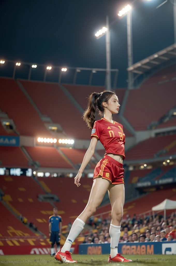 (((best quality))),(((ultra detailed))),(((masterpiece))),illustration,((1 beautiful girl,female footballer,solo)),((small breasts,flat chest)),((slim,thin)),summer night,stadium,crowded stands,enthusiastic spectators,football match,(short ponytail:1.2),(short sleeves:1.2),((Spain team kit,red shirt,blue shorts)),(slender legs:1.2),(football:1.3),fluid movements,powerful,sweat,forehead,exhaustion,passion for football,purposeful running,electric atmosphere,crowd roar,critical juncture,pressure,undeterred,floodlights,luminous glow,long shadows,drama,breathtaking sight,raw passion,unbridled energy,determination,skill,embodiment of sport's spirit,strength,resilience of human spirit,(standing:1.3),((from front,full body))