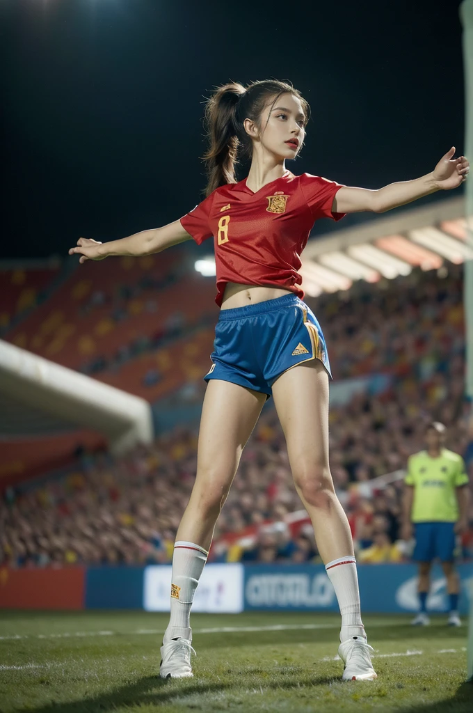 (((best quality))),(((ultra detailed))),(((masterpiece))),illustration,((1 beautiful girl,female footballer,solo)),((small breasts,flat chest)),((slim,thin)),summer night,stadium,crowded stands,enthusiastic spectators,football match,(short ponytail:1.2),(short sleeves:1.2),((Spain team kit,red shirt,blue shorts)),(slender legs:1.2),(football:1.3),fluid movements,powerful,sweat,forehead,exhaustion,passion for football,purposeful running,electric atmosphere,crowd roar,critical juncture,pressure,undeterred,floodlights,luminous glow,long shadows,drama,breathtaking sight,raw passion,unbridled energy,determination,skill,embodiment of sport's spirit,strength,resilience of human spirit,(standing:1.3),((from front,full body))