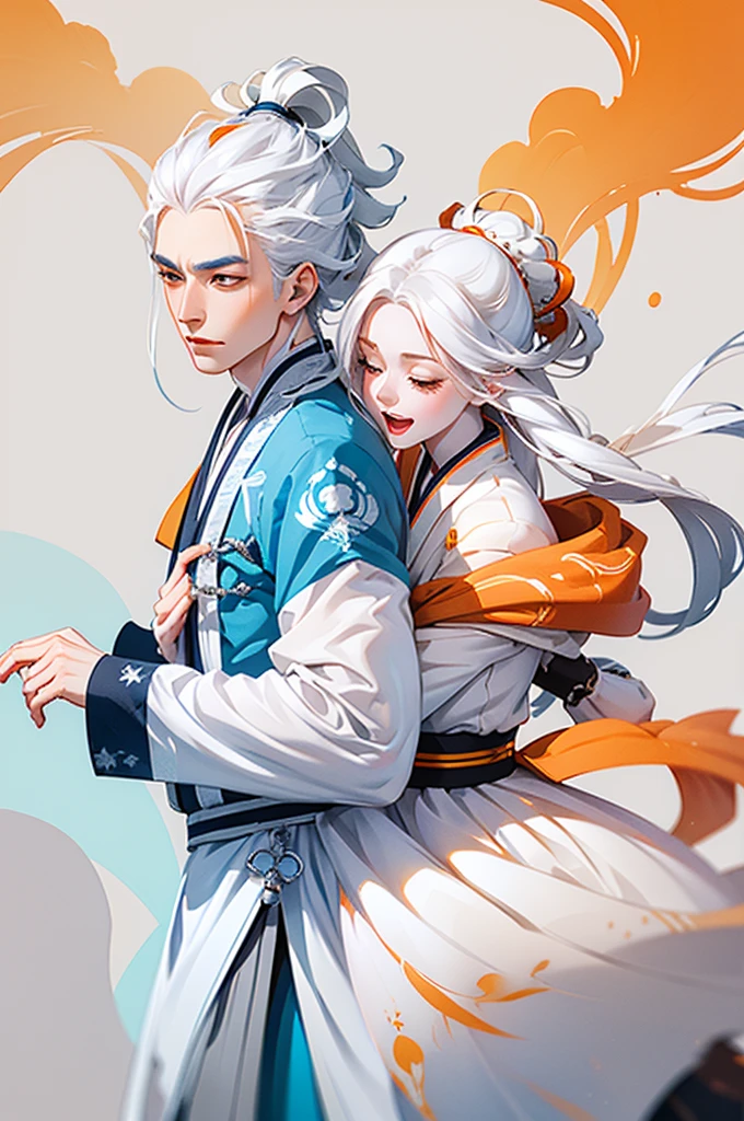 high quality , one white hair girl and one white hair boy, long hair, wuxia character, ((white clothes with blue and orange accent)), ink painting background, flat background, minimalist background, wind pattern background, smiling, standing back to back, white background, cinematic lingting, open mouth, bust shot