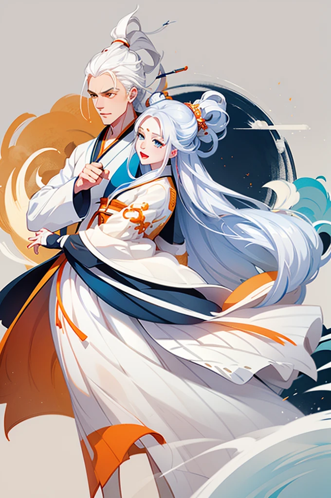 high quality , one white hair girl and one white hair boy, long hair, wuxia character, ((white clothes with blue and orange accent)), ink painting background, flat background, minimalist background, wind pattern background, smiling, standing back to back, white background, cinematic lingting, open mouth, bust shot