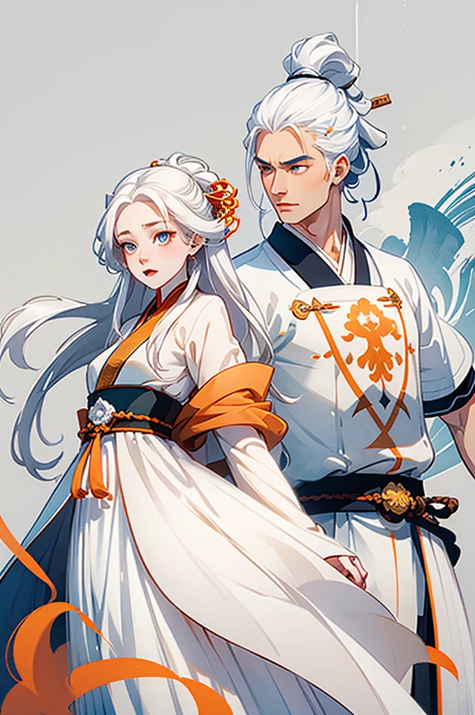 high quality , one white hair girl and one white hair boy, long hair, wuxia character, ((white clothes with blue and orange accent)), ink painting background, flat background, minimalist background, wind pattern background, smiling, standing back to back, white background, cinematic lingting, open mouth, bust shot