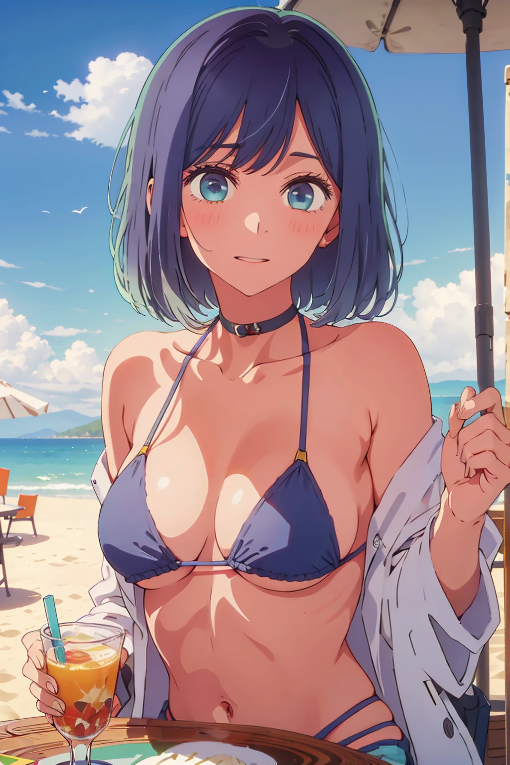 (Highest quality:1.4、masterpiece:1.4、Super detailed:1.4、8K:1.4)、((((1 person、Surprised expression、sit、Outdoor café terrace、coastal、juice、table、Sandy Beach、juiceのグラスを持つ、Micro Bikini、Very soft boobs、Big eyes、Very cute face))))、(directional light:1.4)、F cup bust、Medium breast、Underboob、Sideboob