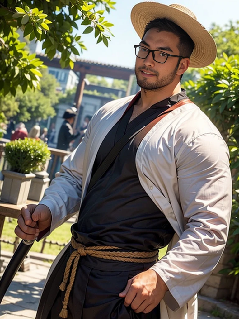 crew cut, (((full body))), (((landscape))), mature man, [slightly fat], asian man, rounded face, brown eyes, ((rounded face)), glasses, balding, 1boy, Solo, (big shoulders), (((stubbles, Short beard))), 18 year old male samurai wearing a black kimono, with brown hair and straw Chinese hat, holding a katana vertically in front of the face
