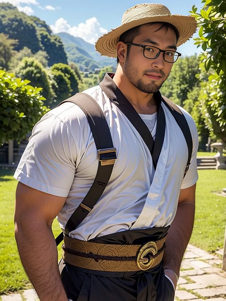 crew cut, (((full body))), (((landscape))), mature man, [slightly fat], asian man, rounded face, brown eyes, ((rounded face)), glasses, balding, 1boy, Solo, (big shoulders), (((stubbles, Short beard))), 18 year old male samurai wearing a black kimono, with brown hair and straw Chinese hat, holding a katana vertically in front of the face
