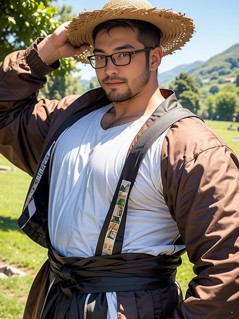 crew cut, (((full body))), (((landscape))), mature man, [slightly fat], asian man, rounded face, brown eyes, ((rounded face)), glasses, balding, 1boy, Solo, (big shoulders), (((stubbles, Short beard))), 18 year old male samurai wearing a black kimono, with brown hair and straw Chinese hat, holding a katana vertically in front of the face