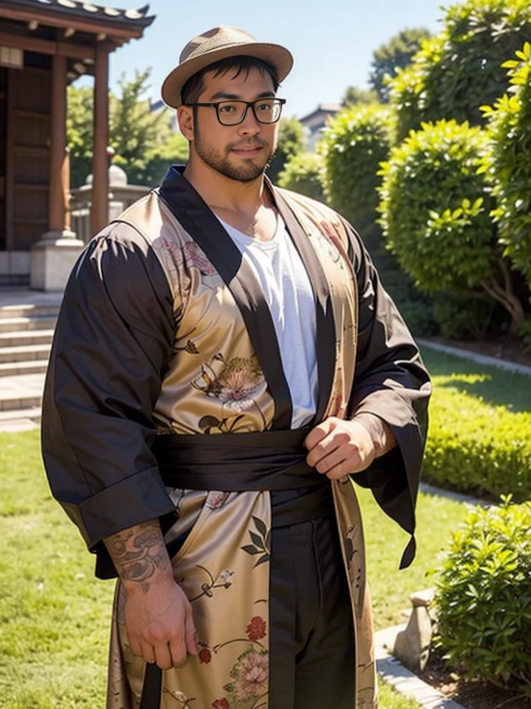 crew cut, (((full body))), (((landscape))), mature man, [slightly fat], asian man, rounded face, brown eyes, ((rounded face)), glasses, balding, 1boy, Solo, (big shoulders), (((stubbles, Short beard))), 18 year old male samurai wearing a black kimono, with brown hair and straw Chinese hat, holding a katana vertically in front of the face