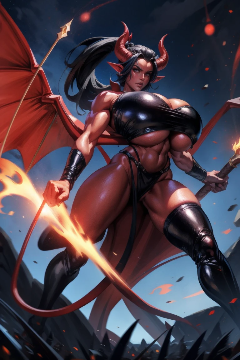 Red skin succubus tiefling, digitigrade legs, full breasts, huge breasts, black horns, wings, huge tail, black leather, crop top, long flowing pelvic curtain, tall, toned, graceful, thin, long black ponytail. Action scene, whip. Dark scene, explosions, night sky.
