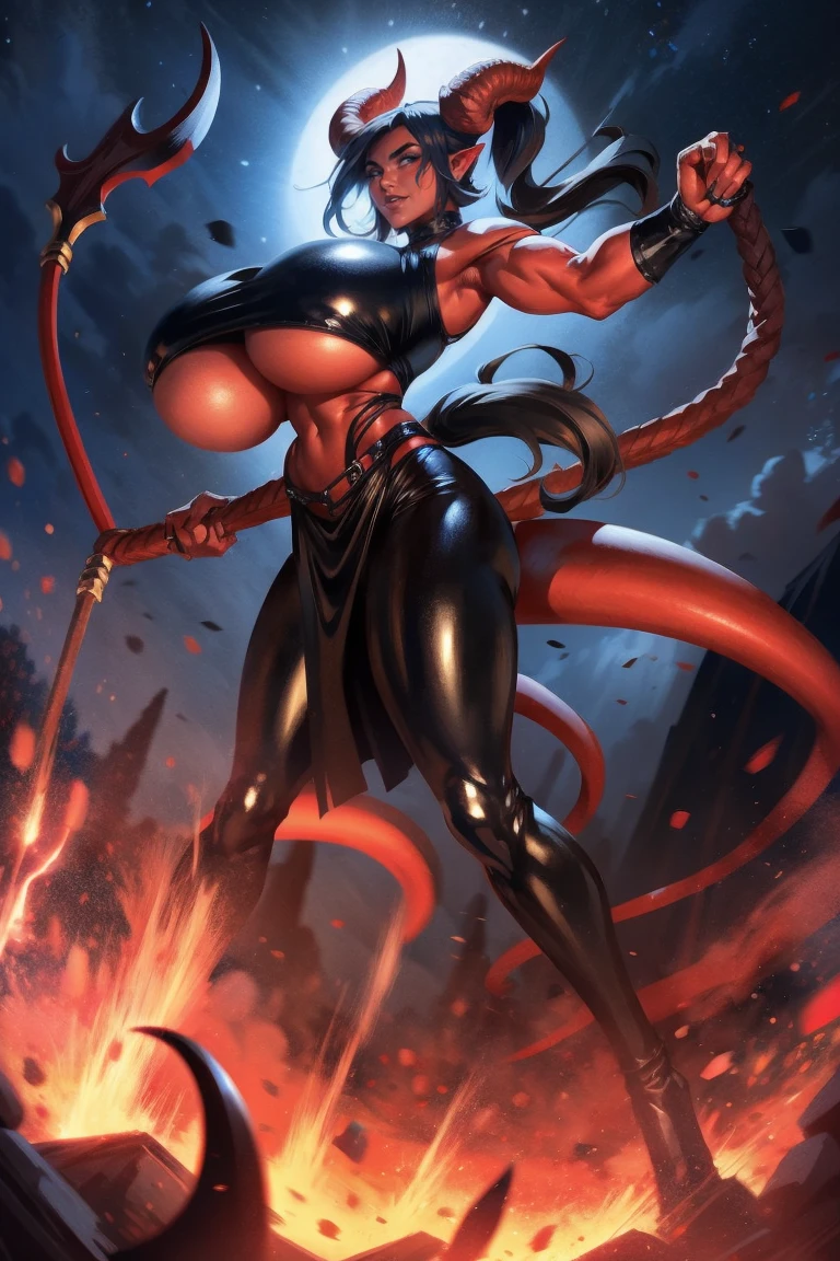 Red skin succubus tiefling, digitigrade legs, full breasts, huge breasts, black horns, wings, huge tail, black leather, crop top, long flowing pelvic curtain, tall, toned, graceful, thin, long black ponytail. Action scene, whip. Dark scene, explosions, night sky.