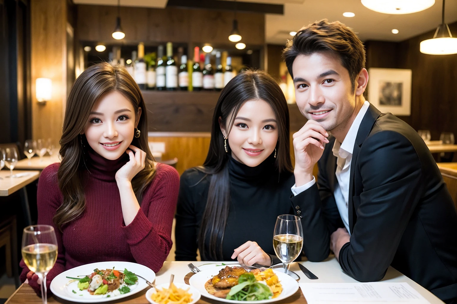 ((Highest quality、8K、masterpiece:1.3))、cute、slimカップル、modelカップル、actress男優、(Realistic, Intricate details:1.2), full-course dinner、Wine Party、Amazing view of the sunset sky and clouds、A bright smile、short hair,Bright Face、 (Age 37), Age 42, red wine 、Appetizers、Italian food、Wine bottle、Champagne、sparkling wine、Two beauties、Brown Hair、Shortcuts、Long sleeve shirt、dress、Beautiful woman 1, (slimな顔), (The body is slim), (Brown Hair), (Shortcuts), cheeks turn a little red,Attractive beauty、restaurant, In a prominent place (From the waist up) Nova Frog Style, actress, model, Upper Body, White wine, slim, wine glass, 中央に置かれたwine glass, smile, (smile: 1.15), Beautiful fine grain, Depth f/2,saturation, High Contrast, Strong light and shadow,Moist Body:1.5、3D texture、Delicate eyes、Brown Hair、The hair is very shiny、