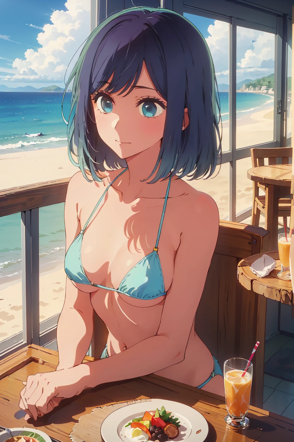 (Highest quality:1.4、masterpiece:1.4、Super detailed:1.4、8K:1.4)、((((1 person、Surprised expression、sit、Indoor cafe terrace、coastal、juice、table、Sandy Beach、juiceのグラスを持つ、Micro Bikini、Very soft boobs、Big eyes、Very cute face))))、(directional light:1.4)、F cup bust、Medium breast、Underboob