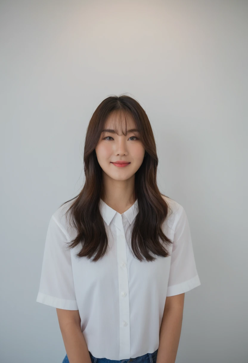 Best Quality, 8k, Masterpiece, (Portrait: 1.3), (photo realistic:1.4), (hyper realistic:1.4), Sharp Focus, looking at viewer, (smoother lighting:1.1), (increase cinematic lighting quality:0.9), realistic lighting, backlighting, light on face, ray trace, (brightening light:1.2), (Increase quality:1.4), sharp detail, (best quality real texture skin:1.4), finely detailed eyes, black_eyes, finely detailed face, 25 year old Korean woman, (white formal_shirt:1.4), (Create an image maintaining the original base model hairstyle:1.5),smiling_face