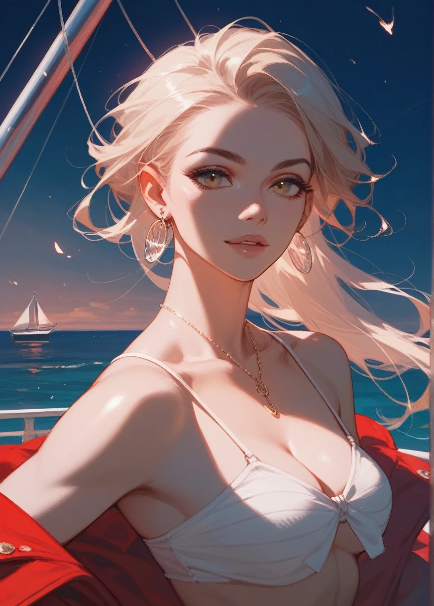 beautiful ladies surrounding a handsome vampire, yacht, night