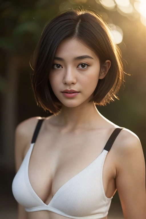 (color picture), Realistic photos of beautiful Asia.、Slender stomach, (A-cup haircut highlights:1.2), small breast, round chest, perfect breasts,(( )),She wore a soft white sweater with a relaxed neckline. ((One shoulder closed)), Show off your slender shoulders with a black bra., Standing out with the light that shines brightly on her skin.. , Middle of the picture , light rays, Warm atmosphere , light through hair