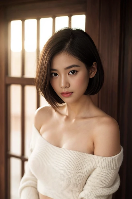 (color picture), Realistic photos of beautiful Asia.、Slender stomach, (A-cup haircut highlights:1.2), small breast, round chest, perfect breasts,(( )),She wore a soft white sweater with a relaxed neckline. ((One shoulder closed)), Show off your slender shoulders with a black bra., Standing out with the light that shines brightly on her skin.. , Middle of the picture , light rays, Warm atmosphere , light through hair