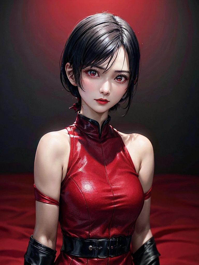 Ada wong,Form Resident evil 4 Remake,a beautiful woman with short black hair, wearing a red dress, with a medium bust size, against a black background, ultra realistic, ultra detailed, high quality, best quality, masterpiece, HD, 4K, 70mm lens