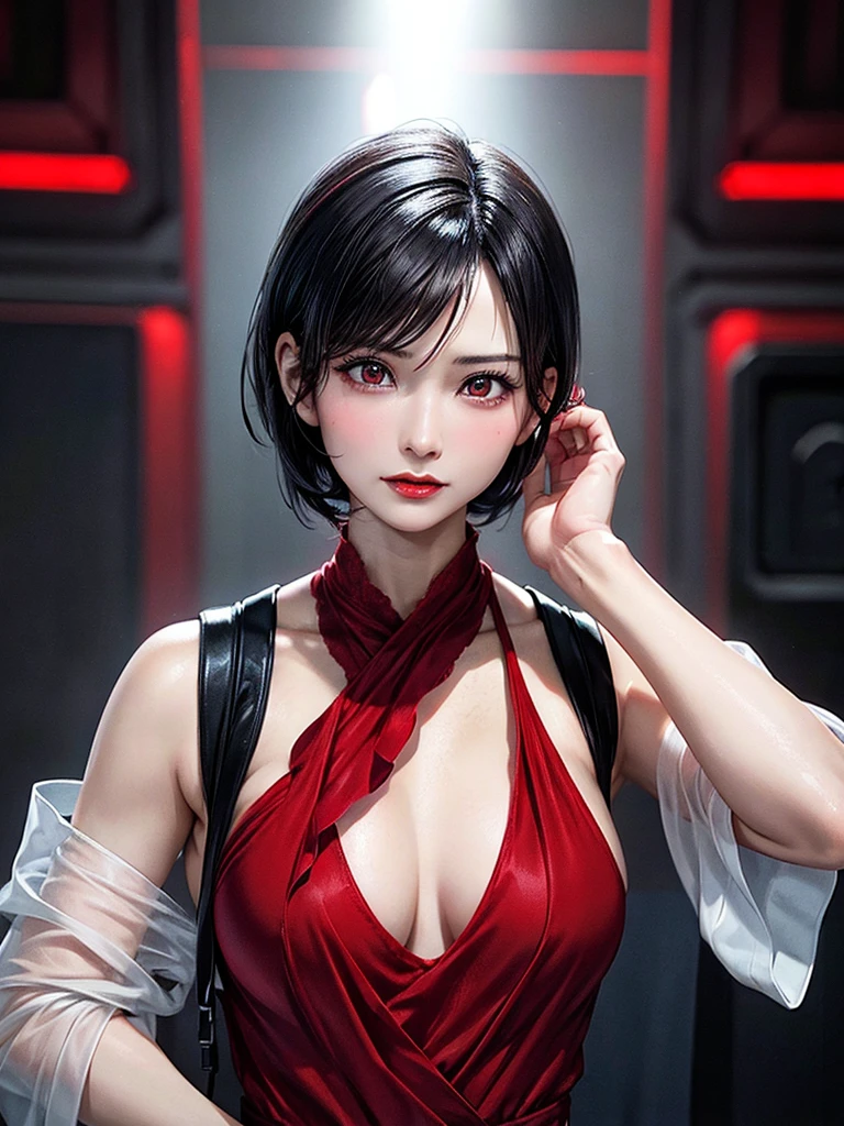 Ada wong,Form Resident evil 4 Remake,a beautiful woman with short black hair, wearing a red dress, with a medium bust size, against a black background, ultra realistic, ultra detailed, high quality, best quality, masterpiece, HD, 4K, 70mm lens