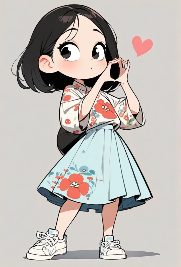 (art, best quality: 1.2), cartoon character design, a young girl with straight black hair, alone, big eyes, cute expression, Korean, making a Korean heart gesture with her fingers, wearing a floral shirt, circular midi skirt, white sneakers, standing, interesting, clean lines