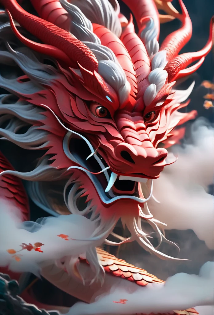 Highest quality, Realistic, On the poster of a Chinese TV drama, there is a red Chinese dragon, Solo,very tame, calm mood, vibrant Chinese dragon style, oshare kei, uhd image, maggismo, photobashing, red, safflower elements, smoke covered in dreamlike and delicate details, 8k