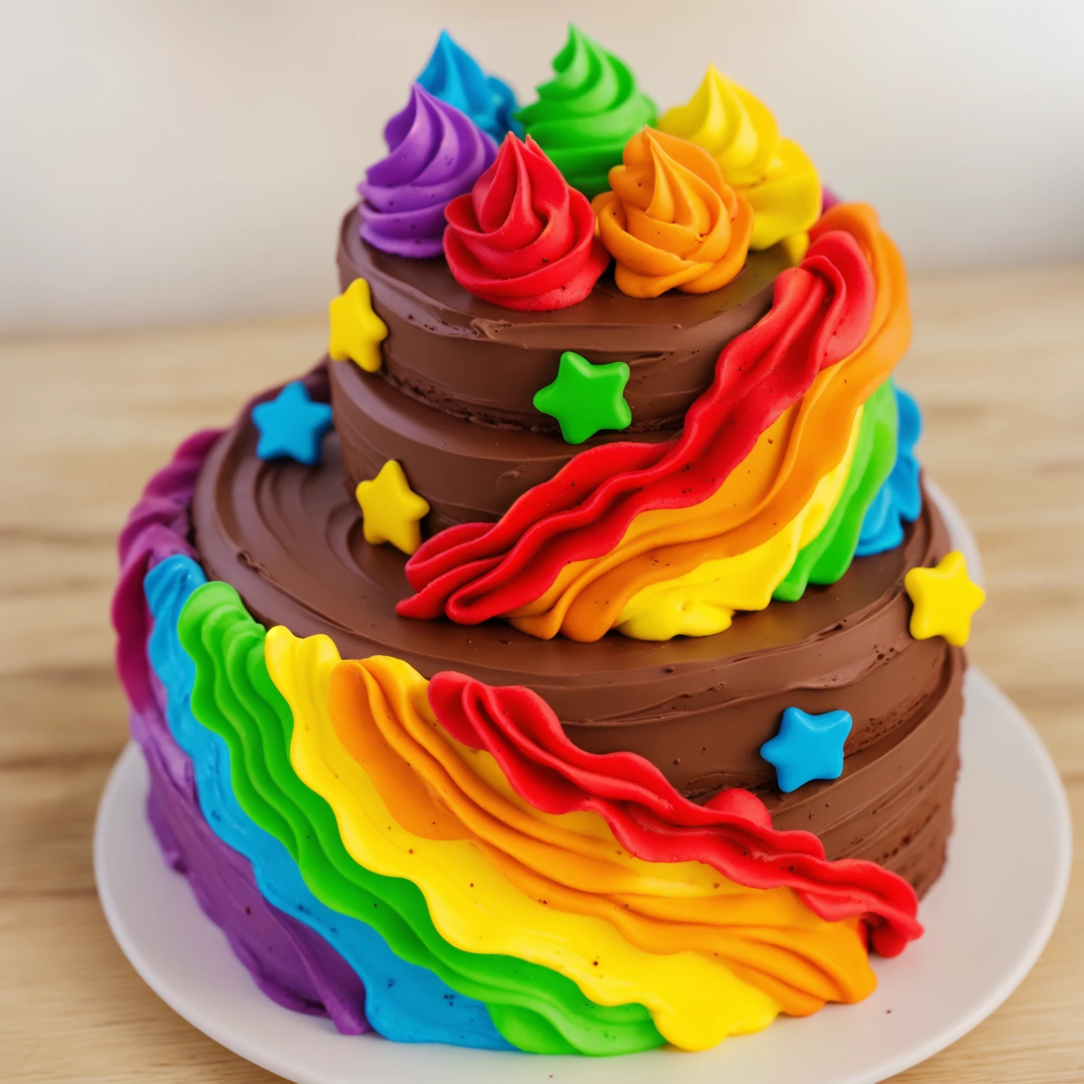 on a wooden table. there is a white plate. double tier chocolate cake ((chocolate cream texture, strokes of a pastry spatula)), rainbow cream in stitches, decorated with rainbow stars made of polymer clay, multi-colored cream on top ((cream highlights)), Beautiful light from the window, contour light, Multiple light sources, beautiful lighting, Bright light source, bright lighting, beautiful light sources, Multiple light sources, Realistic style , realistic texture, detailed texture, A high resolution, high quality, macro photography 