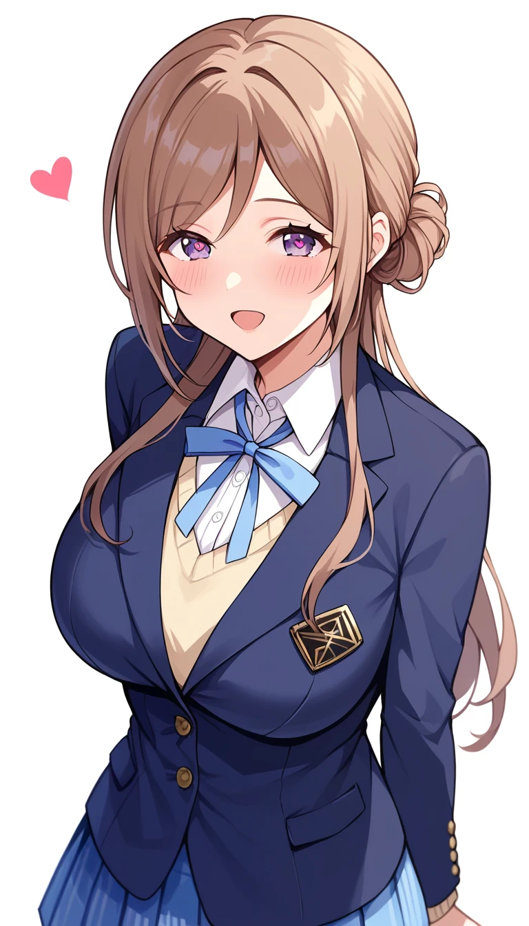 16k,score_9, score_8_up, score_7_up, source_anime, rating_safe,super detailed , himesaki rinami,purple eyes,brown hair,hair bun,long hair, , blazer, blue neck ribbon, pleated skirt, black pantyhose, , (heart eyes),(heart in eyes),spoken heart,very cute,open mouth,dutch angle,big breast ,blush,beautiful face,beautiful eyes,details eyes,white background ,