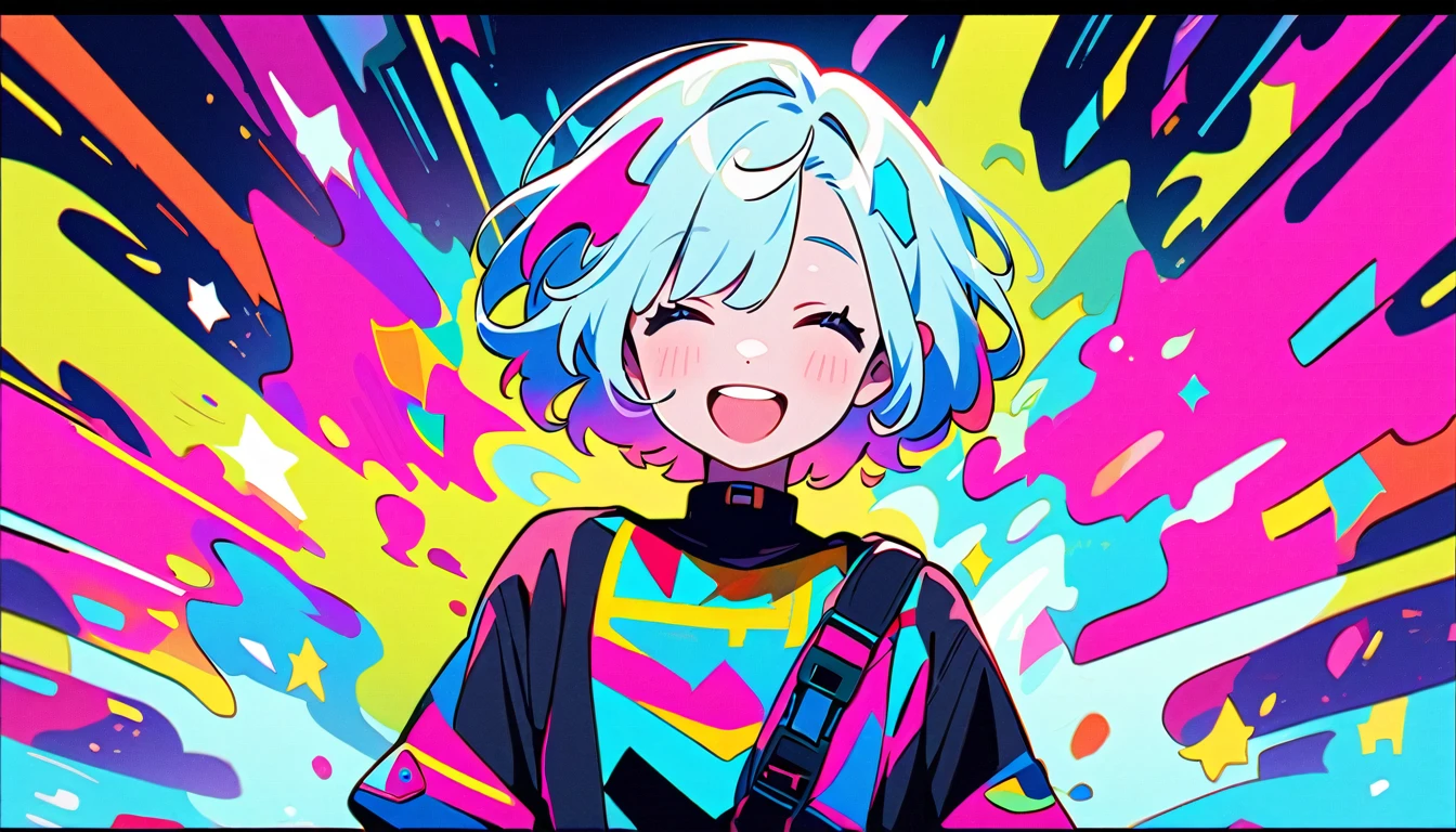 Vibrant art,pop、bright、colorful, 1 female, Light blue hair,　short hair、Happy,cute, Animation Style, cute, clearly, colorful cyberpunk, bubblegum pop, cute、Pink and light blue as main colors、I&#39;Cheer loudly、　Wearing headphones、Headphones、buzzer、buzzer, tropical,