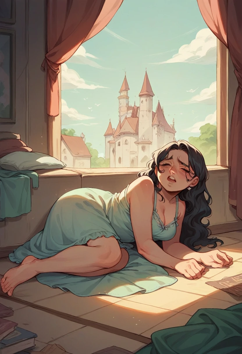 The place is in a castle, specifically in the dining room on the floor a young woman with wavy black hair who is wearing a nightgown, she cried while an elderly woman hugged her 