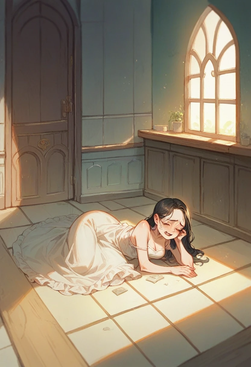 The place is in a castle, specifically in the dining room on the floor a young woman with wavy black hair who is wearing a nightgown, she cried while an elderly woman hugged her