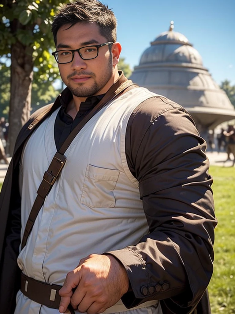 crew cut, (((full body))), (((landscape))), mature man, [slightly fat], asian man, rounded face, brown eyes, ((rounded face)), glasses, balding, 1boy, Solo, (big shoulders), (((stubbles, Short beard))),Star Wars Rey lightsaber battle wounded