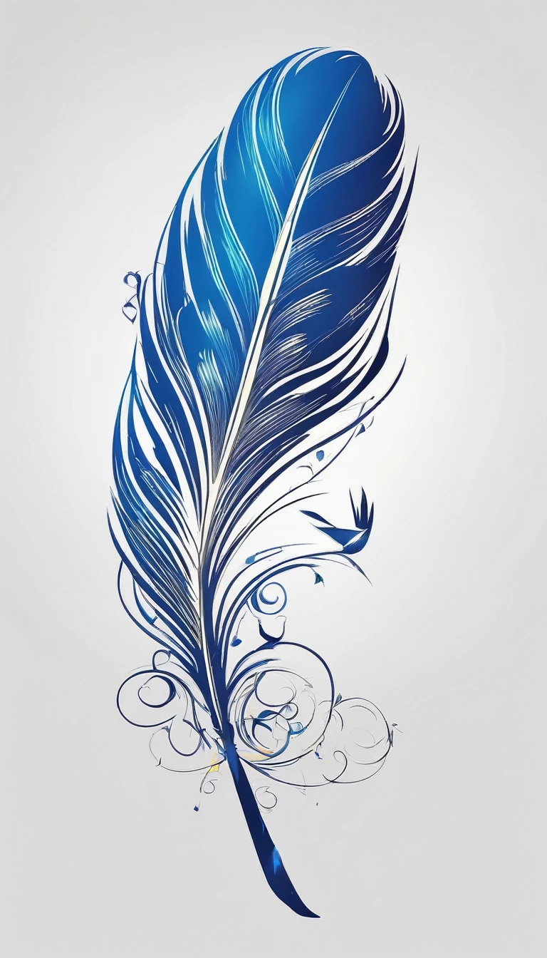 Create a minimalistic, simple, fantastic, easy to understand, logo design of a feather of memories for an upcoming Fantasy Role Playing Game called " Penamemoria". Create the logo in the center and a fantasy theme as background. Use the colours blue, white, yellow in the logo. The logo design must convey a sense of fantasy, dreams and music. Must be a feather of memories