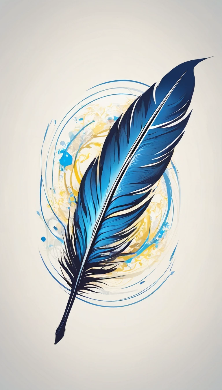 Create a minimalistic, simple, fantastic, easy to understand, logo design of a feather of memories for an upcoming Fantasy Role Playing Game called " Penamemoria". Create the logo in the center and a fantasy theme as background. Use the colours blue, white, yellow in the logo. The logo design must convey a sense of fantasy, dreams and music. Must be a feather of memories