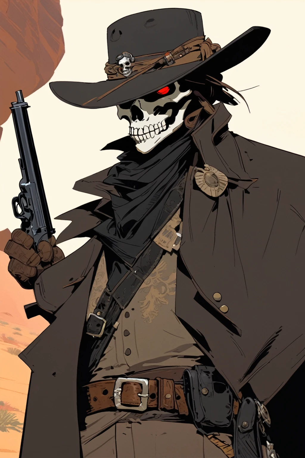 score_9, score_8_up, score_7_up, score_6_up, score_5_up, score_4_up, 1man, Western, Desert, red sun, scorching sun, arid, Horizon, far away, Wild West, red dead Redemption, cartoon art style, Holstered pistol, ready to draw, black hat, black overcoat, dark, Bandit, old west town, City, Skull belt, cloth mask with skull design