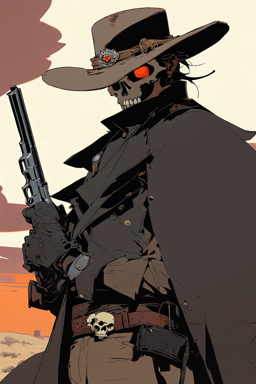 score_9, score_8_up, score_7_up, score_6_up, score_5_up, score_4_up, 1man, Western, Desert, red sun, scorching sun, arid, Horizon, far away, Wild West, red dead Redemption, cartoon art style, Holstered pistol, ready to draw, black hat, black overcoat, dark, Bandit, old west town, City, Skull belt, cloth mask with skull design