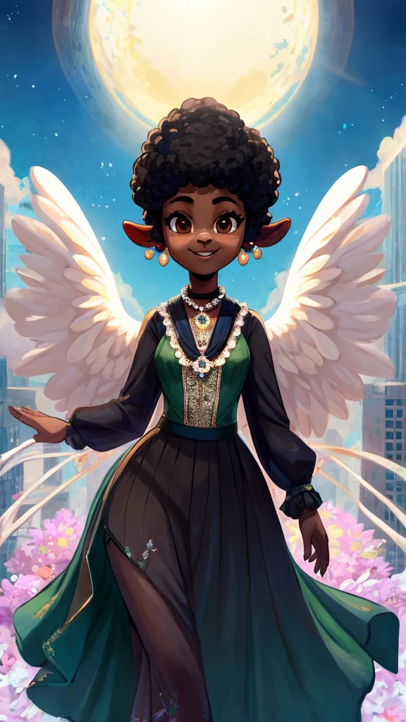 One cute anthro, black sheep woman, anthro black sheep, angel, sheep furry, sheep angel, black sheep, innocent, motherly, androgynous, dark skin, black woman, short afro hair, black hair, ((cartoony)), ((cute)), smiling, cute clothes, modest clothes, adorable, dark color scheme, black gray brown dark green maroon emerald and burgundy color scheme, old, elderly woman, cartoony, adorable, sheep tail, brown eyes, angel wings, bugs, bustling city, big city, heaven, white buildings, angels, wearing a dress with a fitted bodice with a high neckline and long sleeves adorned with lace, ruffles, and intricate embroidery and a full, floor-length skirt decorated with ribbon trim and a fashionable cape or cloak with fur trim along delicate jewelry such as brooches cameo necklaces and earrings made of pearls or small diamonds also high-button boots made of leather with a slight heel, 30's cartoon style,