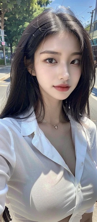 ((best quality, 8K, Masterpiece: 1.3)), sharp: 1.2, perfect body beauty: 1.4, Slim stomach: 1.2, ((black hair: 1.2)), (Long white button down shirt: 1.1), (road: 1.2), Highly detailed facial and skin textures, Detailed eyes, Double eyelids, looking at camera