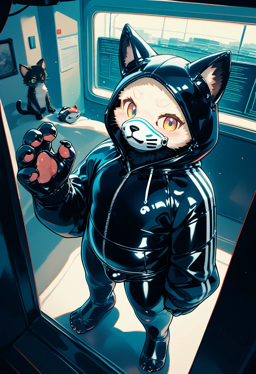Highest quality, Highest quality, High quality illustrations, masterpiece, Ultra-high resolution, Detailed Background, Games Room, Absurd, Perfect Anatomy, performance, Good lighting, Shadows in the movies(kemono, Furry PersonifiCation), Cat, Dark Skin, Rubber suit, Rubber suit, latex, neon, neonライト, neonカラー, Rubber spats, White rubber hoodie, Rubber mask, ribbon, Embarrassing, Null bulge, male, juvenile, From above