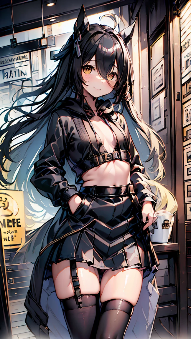 masterpiece, Highest quality, High resolution, Very detailed,(((Manhattan Cafe wearing a black hoodie))), (((Pulling up her skirt。))), (((smile))), Black Skirt, Outdoor, Black underwear, Low - Angle, Inside the tunnel