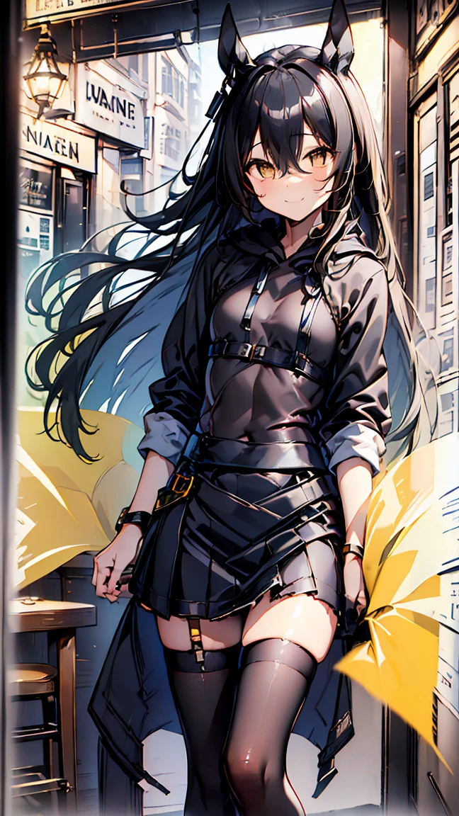 masterpiece, Highest quality, High resolution, Very detailed,(((Manhattan Cafe wearing a black hoodie))), (((Pulling up her skirt。))), (((smile))), Black Skirt, Outdoor, Black underwear, Low - Angle, Inside the tunnel