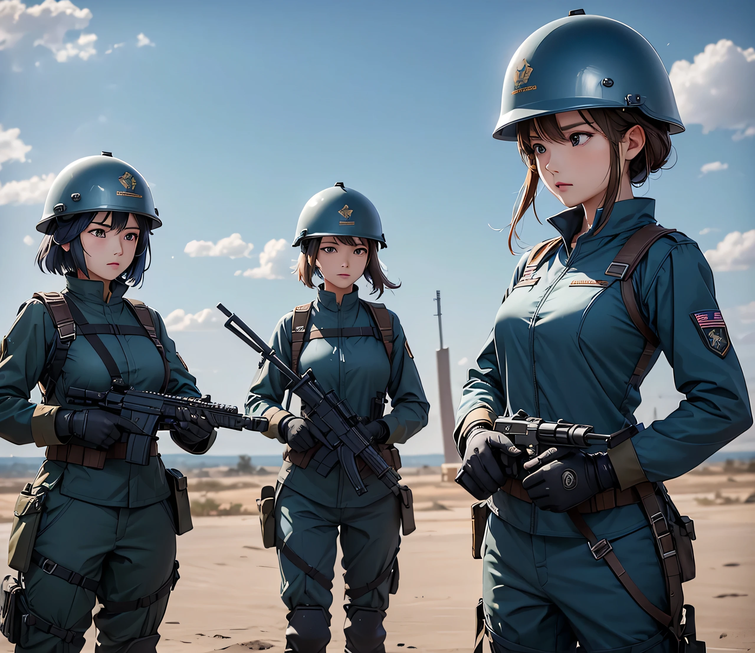 A group of female soldiers wearing iron-blue military uniforms，Wear a steel helmet、Military Pants、Individual equipment set、Alert with guns、Write details、masterpiece、best quality、Highly detailed CG、8K picture quality