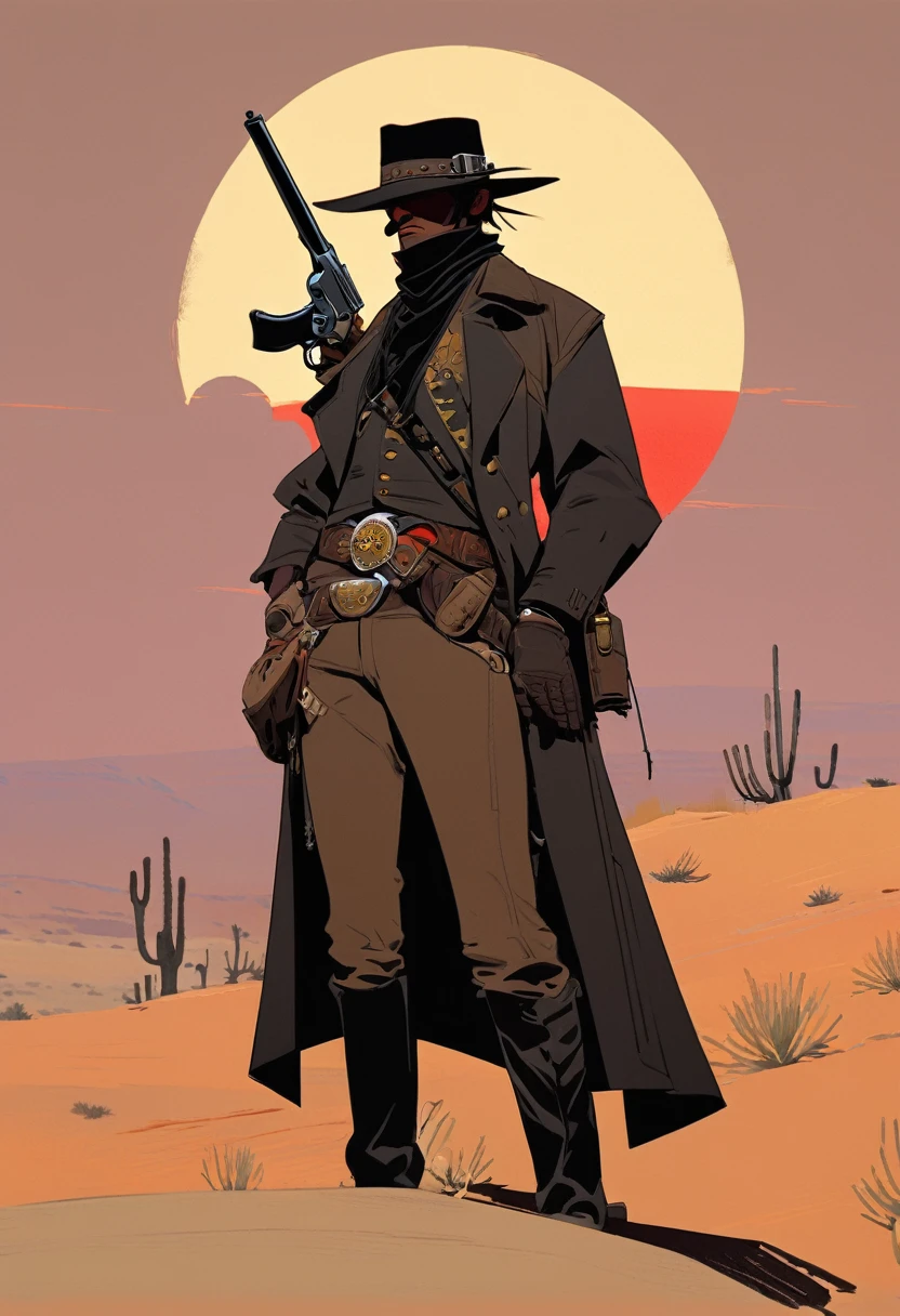 score_9, score_8_up, score_7_up, score_6_up, score_5_up, score_4_up, 1man, Western, Desert, red sun, scorching sun, arid, Horizon, far away, Wild West, red dead Redemption, cartoon art style, Holstered pistol, ready to draw, black hat, black overcoat, dark, Bandit, old west town, City, Skull belt,